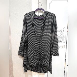 Grizas Silk cotton Black and Gray Striped Button Down Shirt w pockets and hood